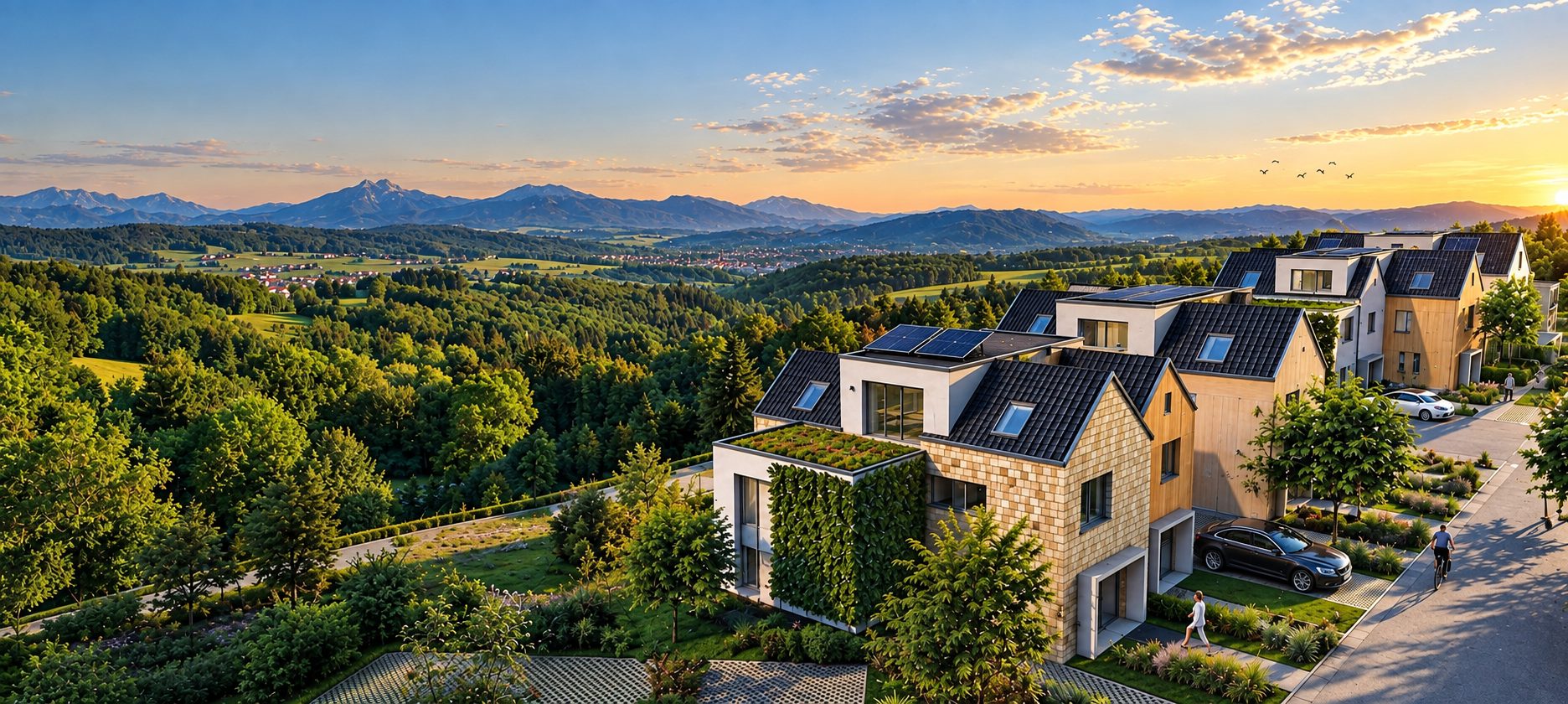 Mit KI aufbereitete Stimmungsvisualisierung des Neubauprojekts in Tuningen bei Sonnenuntergang: Doppelhaushälften mit Photovoltaik auf dem Dach, Blick über das bewaldete Tal zum Schwarzwald